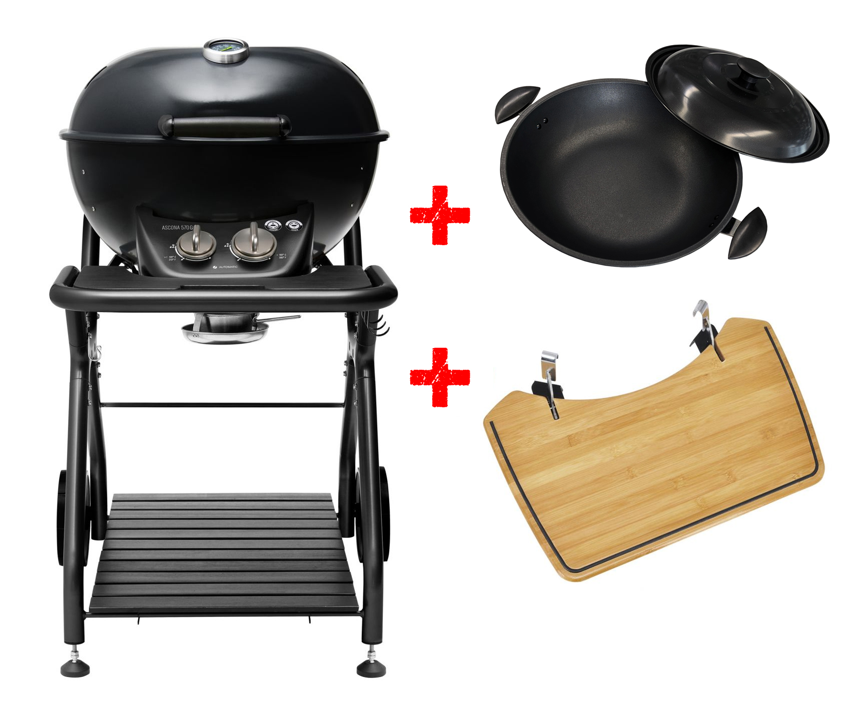 Outdoorchef Ascona 570 G All Black Gaskugelgrill inkl. Bambus-Seitentisch & Wok